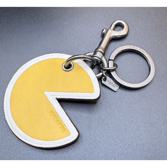 Coach X Pac-Man Pacman yellow white black Keychain Fob Bag Charm F56751 EUC Rare - Picture 1 of 5